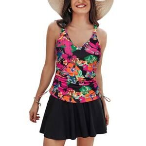 Women 2pcs Set Swimsuit V-Neck Ruched Padded Swim Tops+Swim Skirt Med NWT